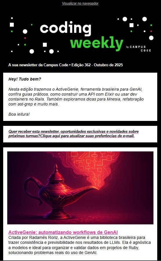Campus Code Coding Weekly edition 362 newsletter featuring ActiveGenie by Radamés Roriz