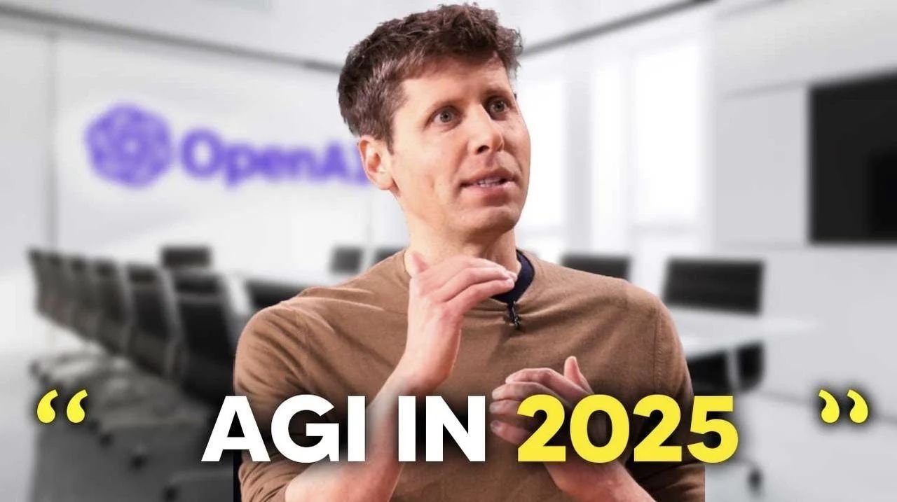 Sam Altman speaking in front of an OpenAI logo with the text "AGI IN 2025"